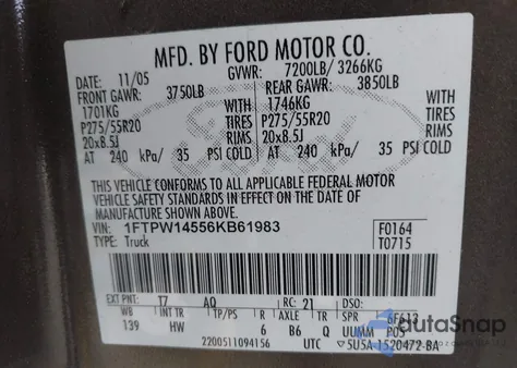 2006 Ford F-150 Fx4/Lariat/Xlt from USA, damaged, VIN 1FTPW14556KB61983